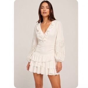 MAJE Ruffle Embroidered Mini Dress Women Small Boho Cottagecore Linen